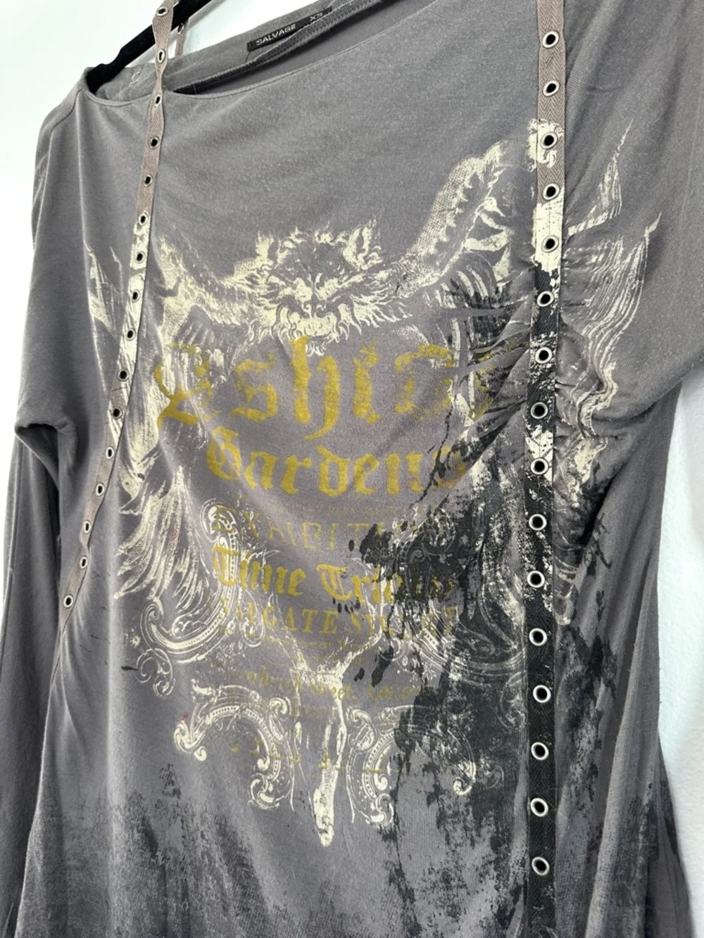 Salvage Y2K Grunge Gray Snap Button Rocker Punk Rivet Thrashed Thin Top XS - Picture 2 of 16